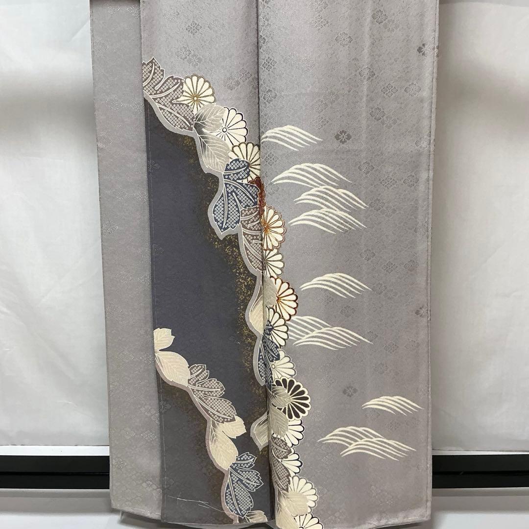 b511 正絹 袷 訪問着 金駒刺繍 菊 波 金彩 未使用しつけ付極美品 着物