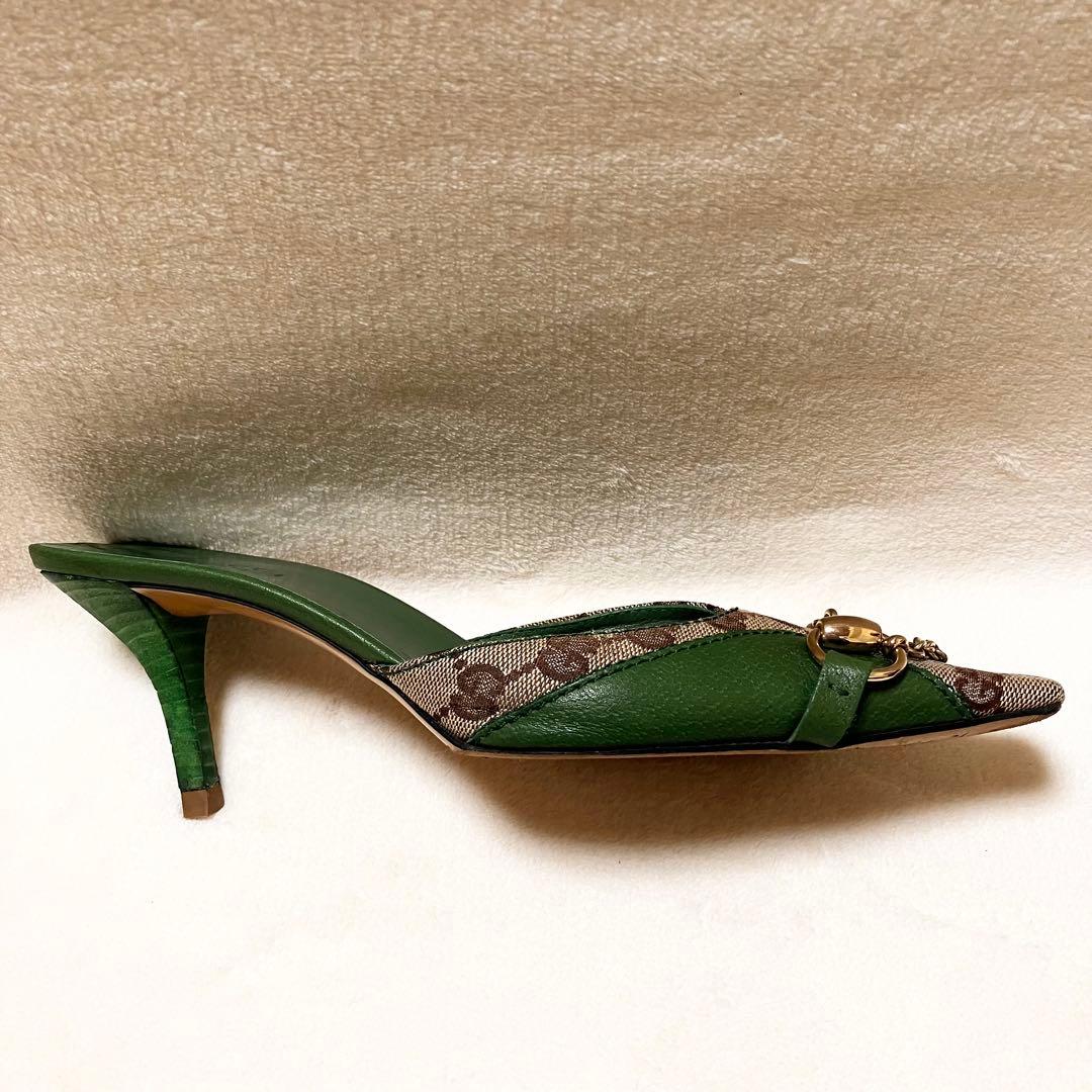 GUCCI グリーン ミュール GGマーク 23.5cm メタル金具付