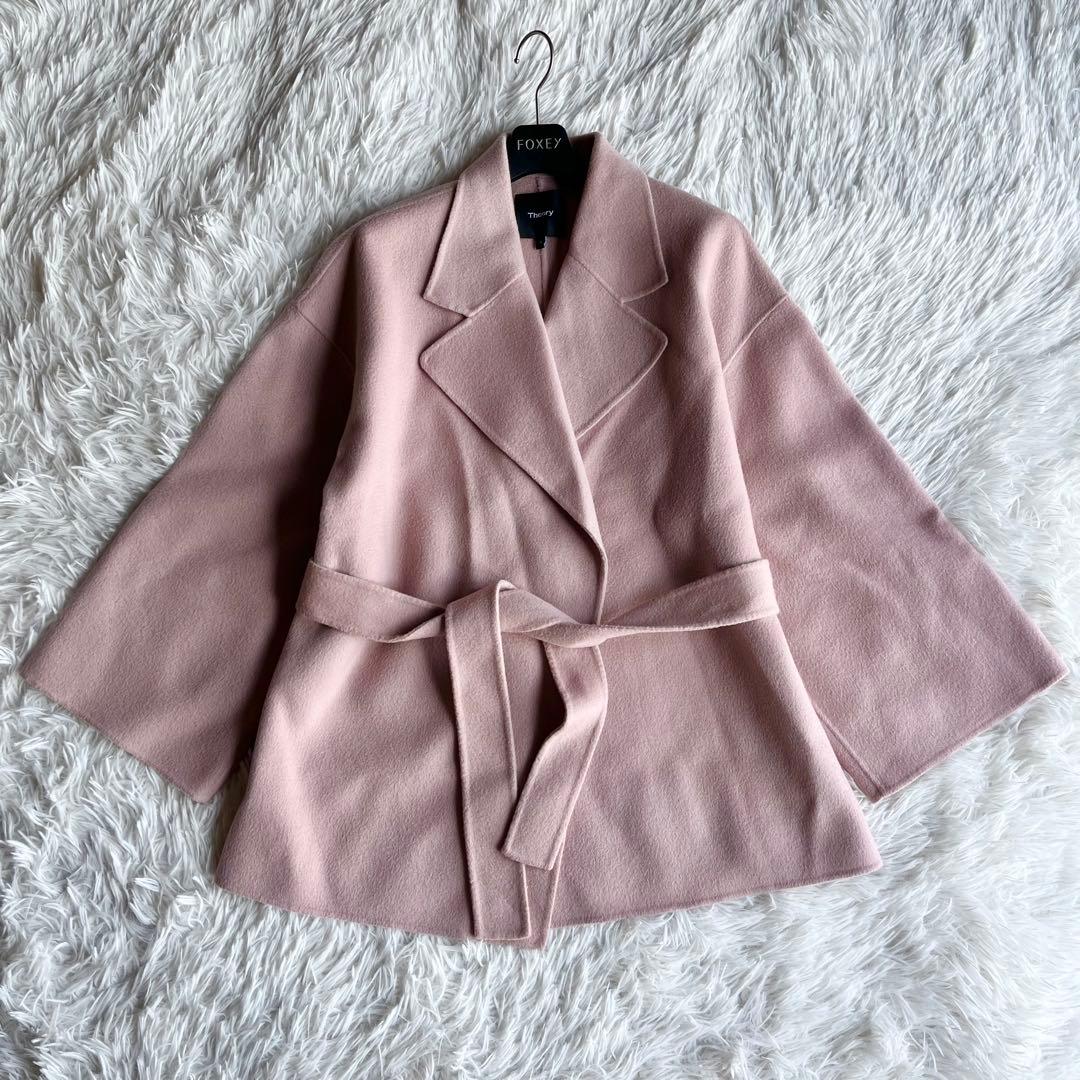 Theory カシミヤ混ベルト付きコート ウールコート ピンク S ショート丈