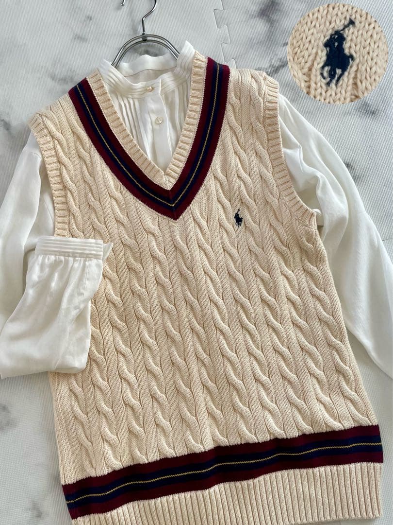 ポロラルフローレン】ケーブルニット コットンチルデンベスト XLサイズ