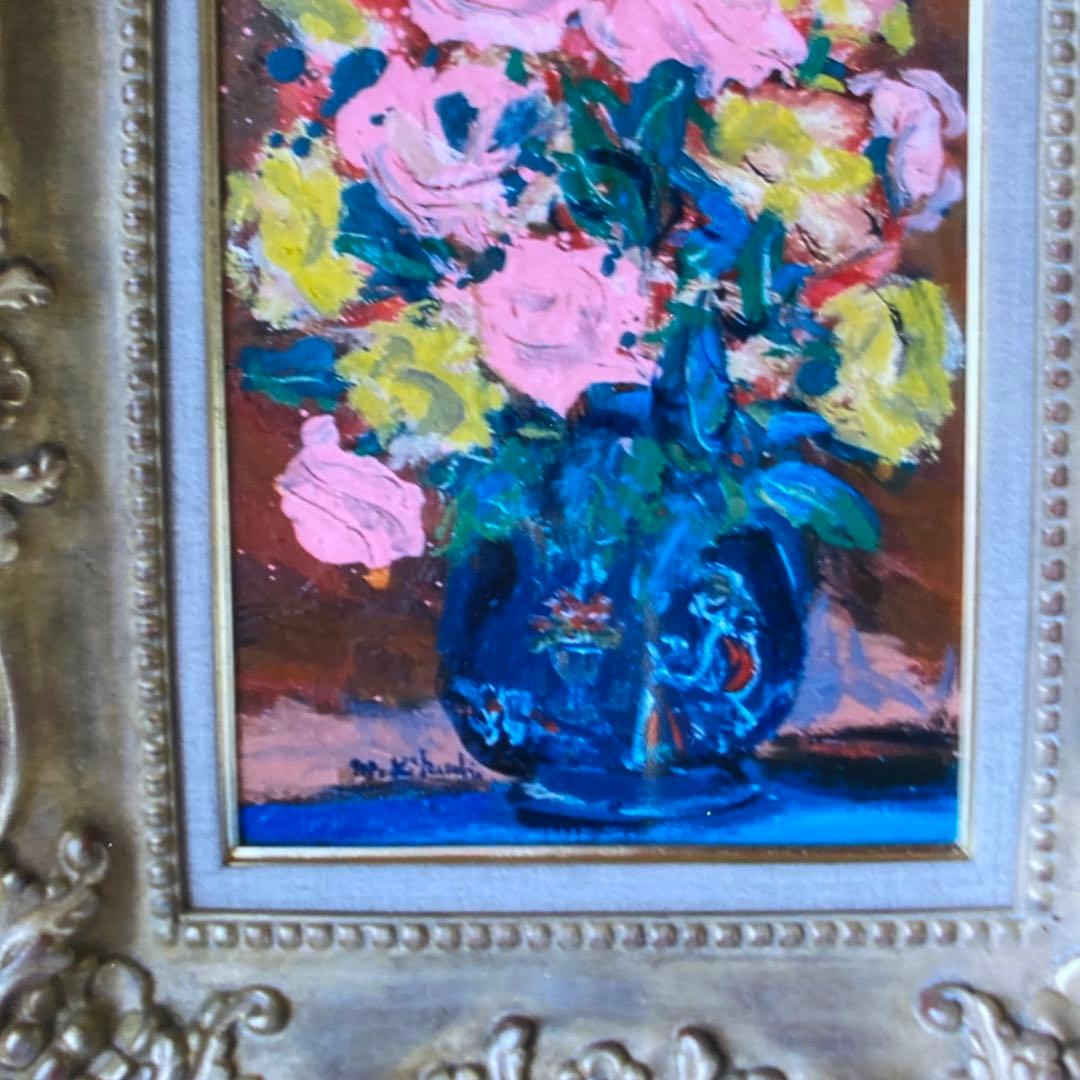 絵画菊地正則「赤いバラ」 油彩画真作額付き額装ゴージャスF8 美品