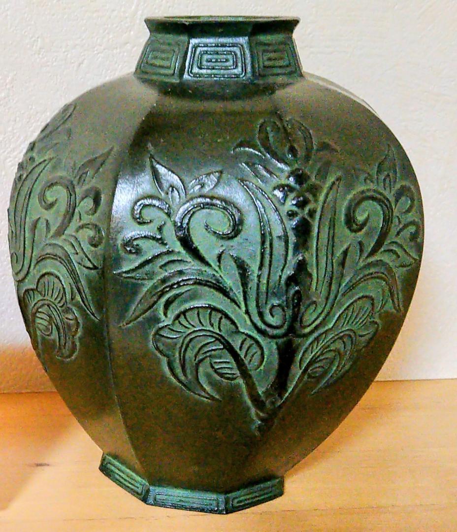 青銅 緑色彫刻 陶器壺 花瓶 アンティーク 八角形 昭和 レトロ 銅