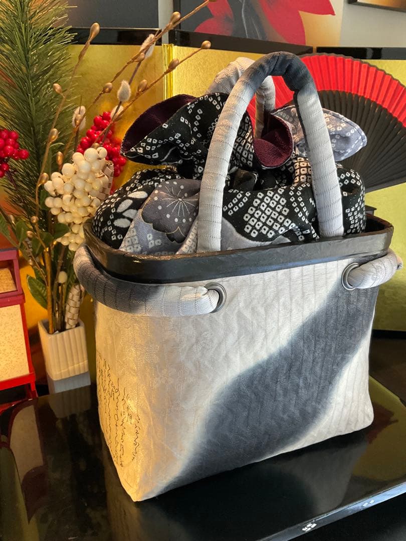 一閑張り 一閑張りバッグ 古文書 和紙 花絵柄 着物 京友禅 正絹 墨波紋様