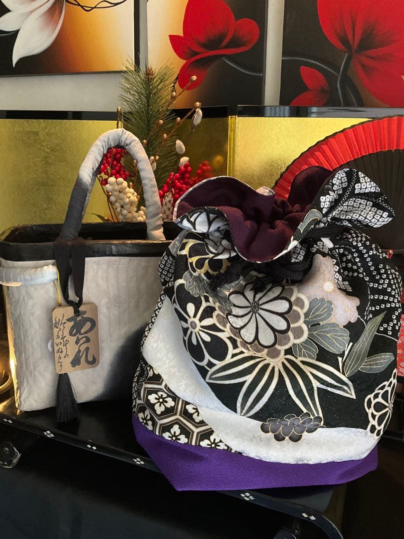 一閑張り 一閑張りバッグ 古文書 和紙 花絵柄 着物 京友禅 正絹 墨波紋様