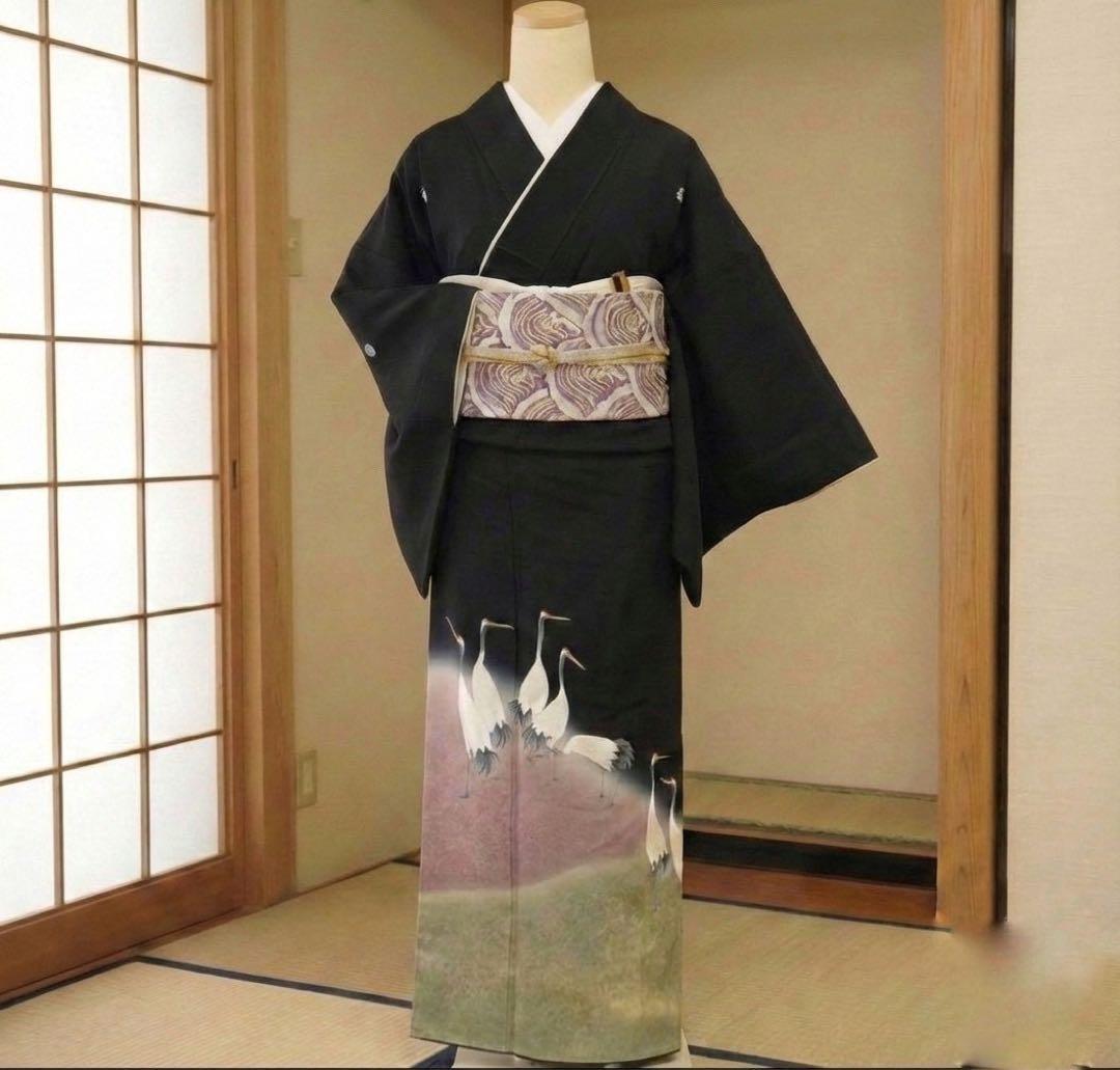 美品 黒留袖フルセット 袋帯 5点セット 結婚式 比翼仕立て 鶴 金彩