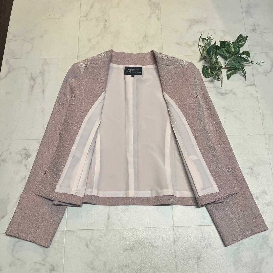 極美品 ハナエモリ ノーカラージャケット レース サイズ40 シボ加工 薄