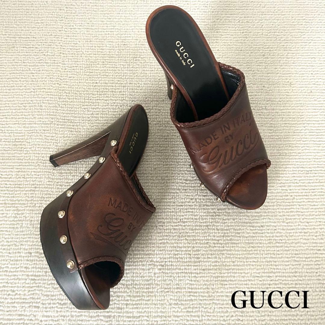GUCCI グッチ サンダル ヒール レザー 25cm 38 GUCCI グッチ レザー レースアップ バンブー ヒール サンダル ブラウン