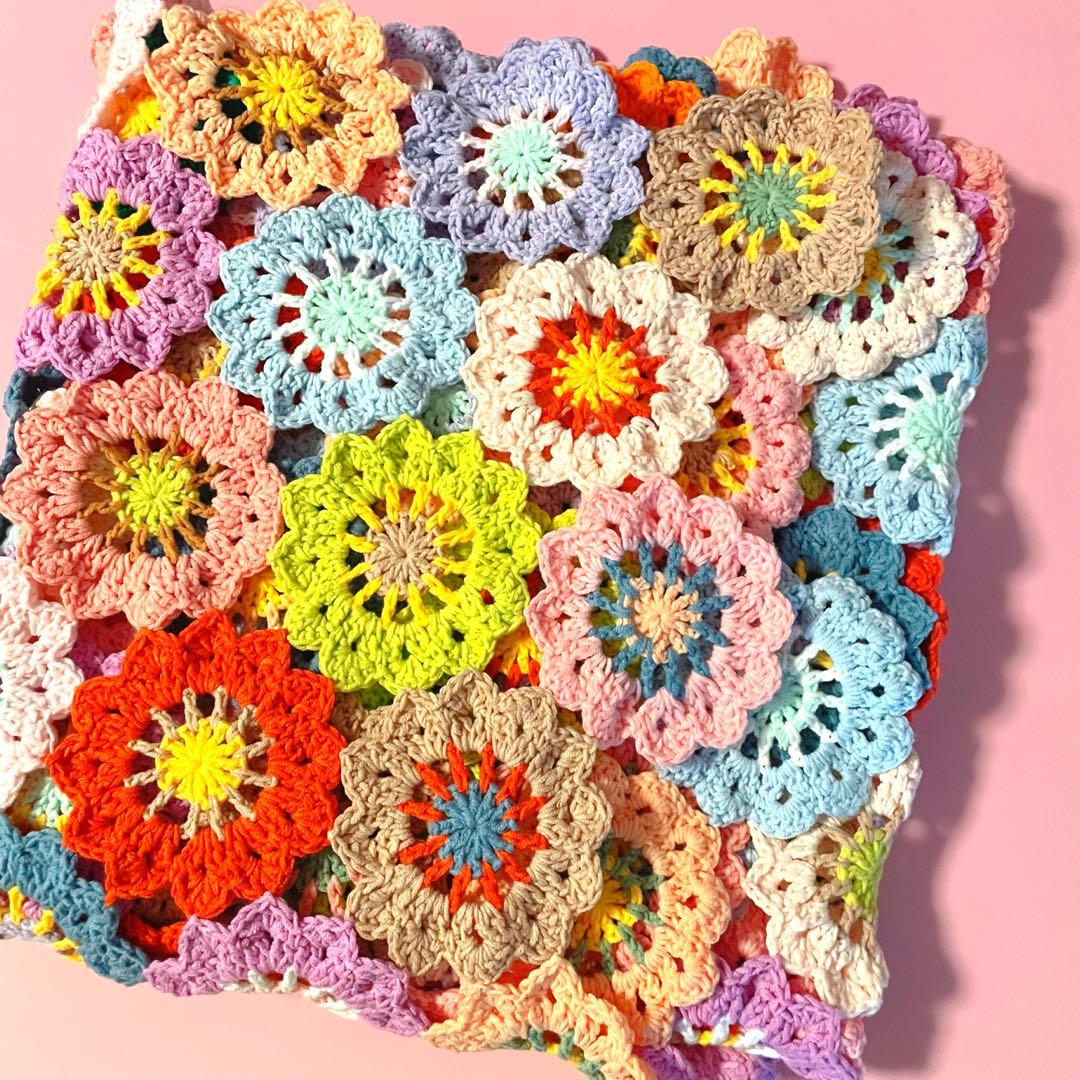 大判75cm×140cm】春色お花のモチーフ編み♡マルチカバー♡ブランケット