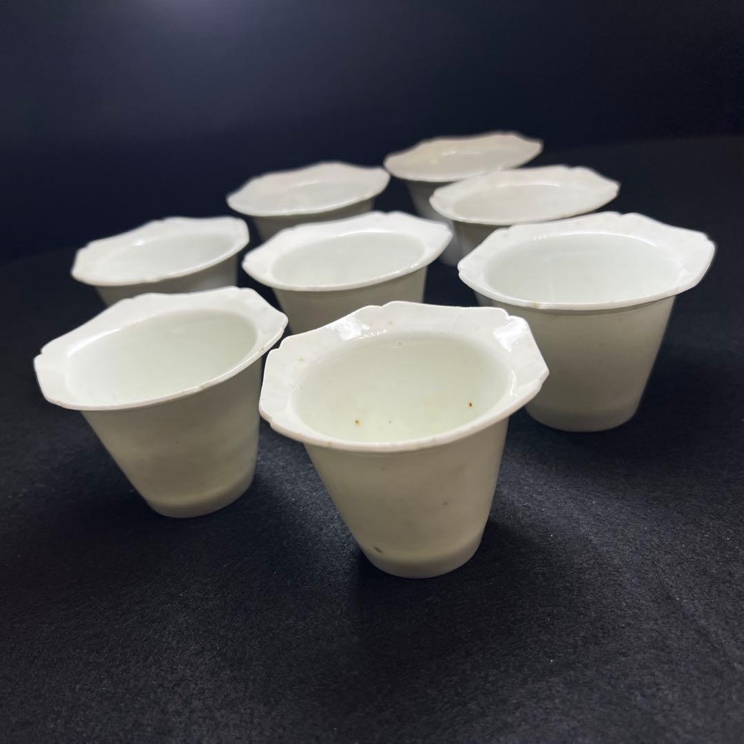 江戸初期~中期 柿右衛門白磁輪花猪口8客 状態良 木箱付 東Y8-0114☆2F