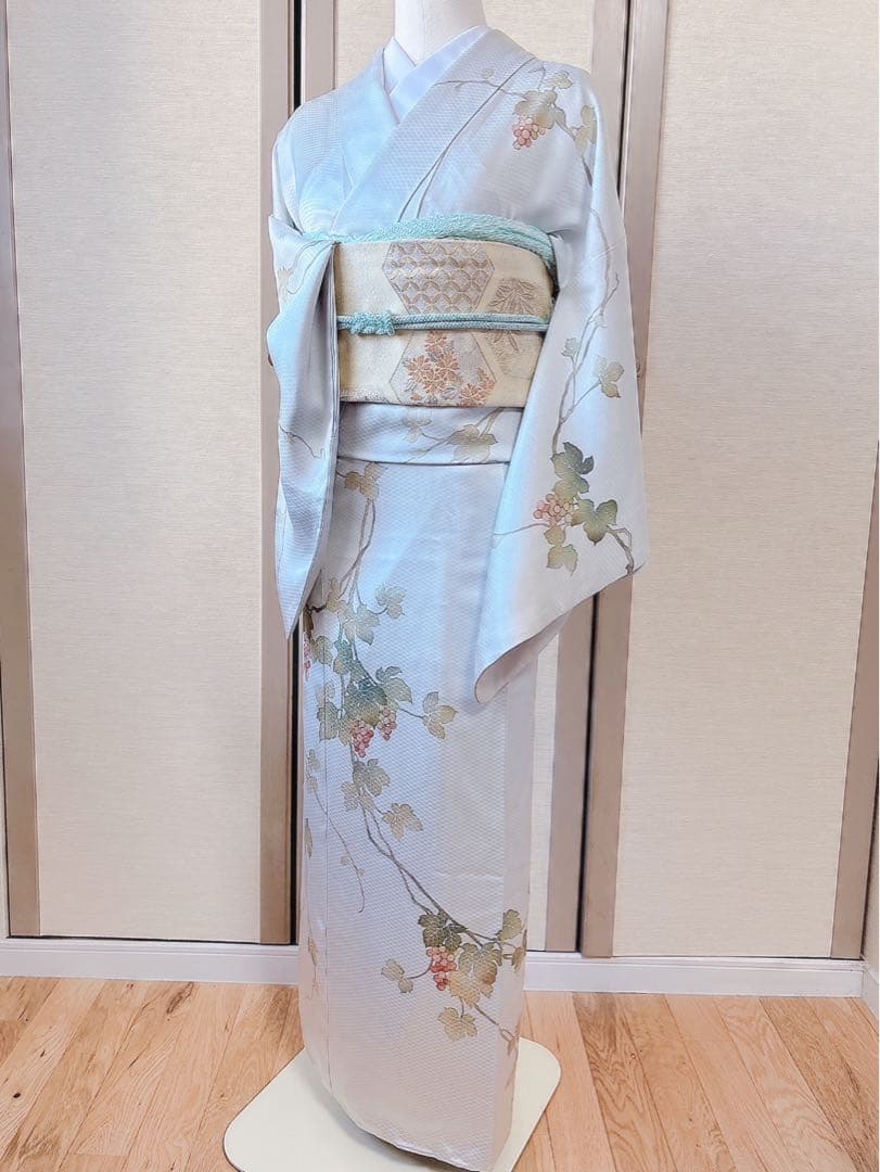美品 訪問着 フルセット 本加賀友禅 裄66 葡萄 卒業式 入学式 M グレー