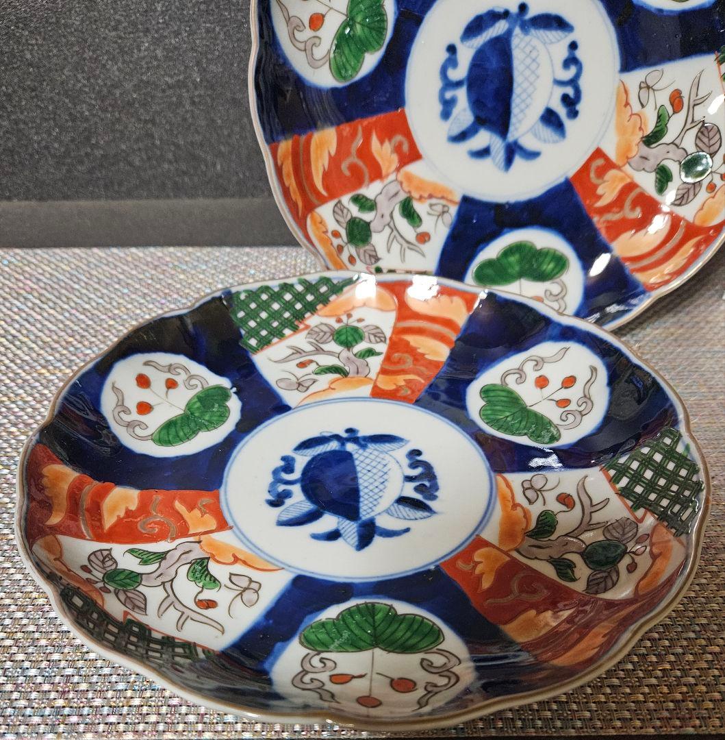 明治時代 古伊万里 錦手 見込みに柘榴図 桐の葉の図 21.5cm 七寸皿 2客