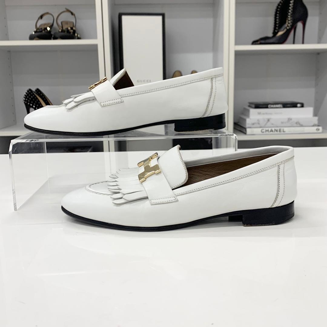 エルメス ロワイヤル レザー H金具 フリンジ ローファー ホワイト