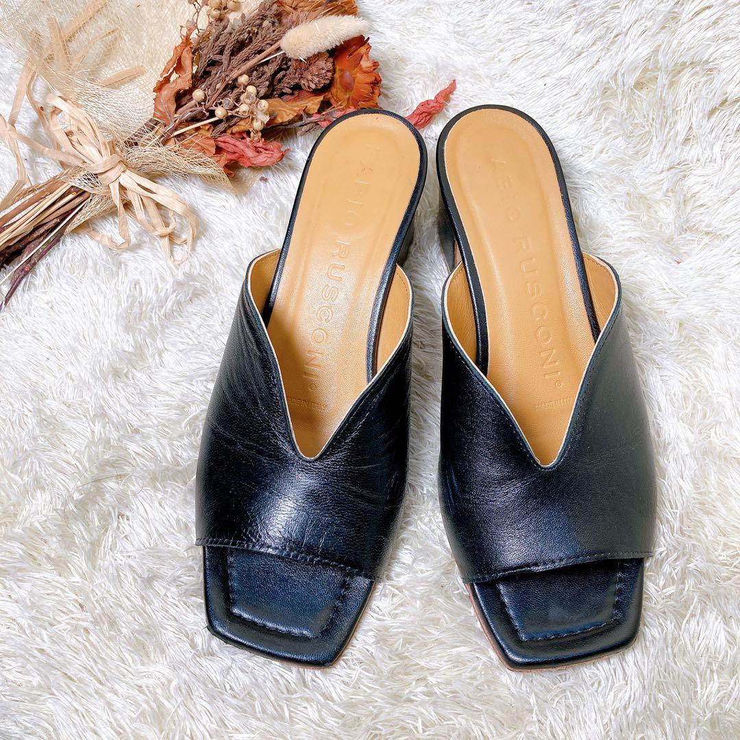 ファビオルスコーニ レザー Vカット ミュール サンダル 太ヒール 黒