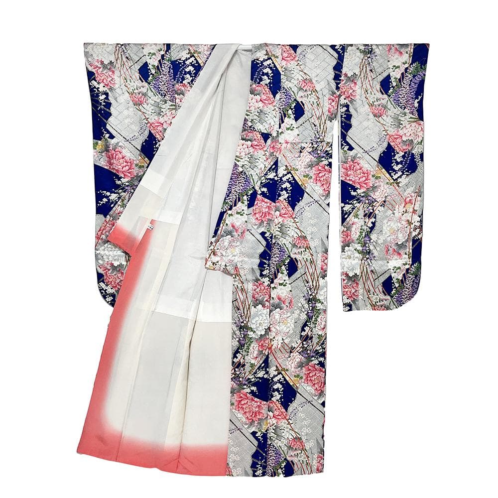 千總 振袖 正絹 青 友禅染 綸子 ちりめん 中古 花 №ymk0085 - メルカリ