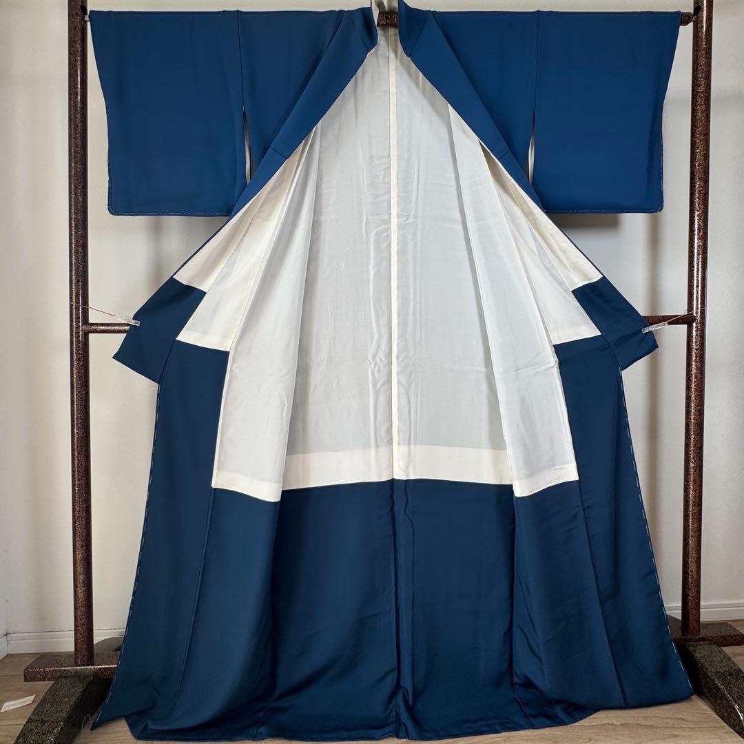 しつけ付 着物 正絹 袷 色無地 176 裄69 青 ロイヤルブルー トール