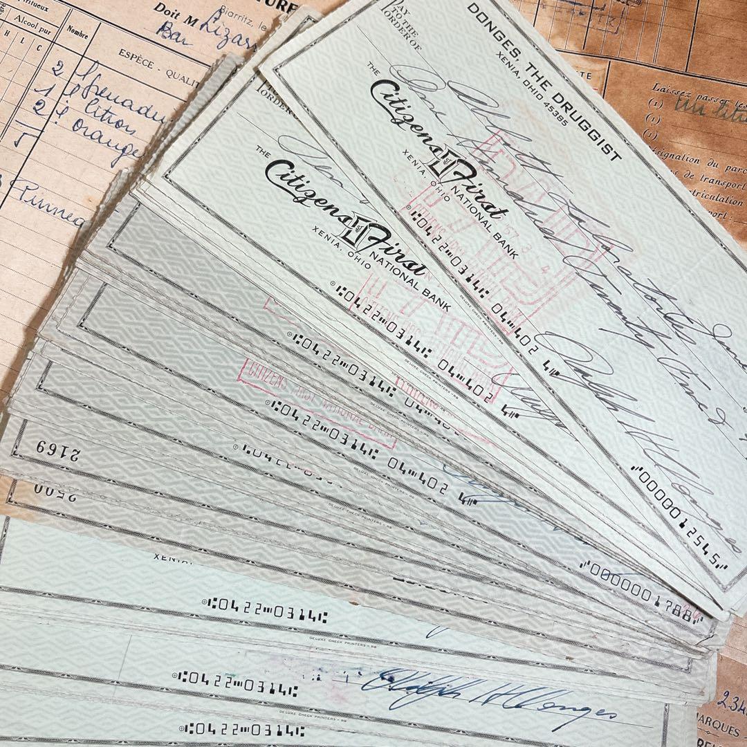 ヴィンテージ 小切手 20枚 紙モノ アメリカ ブルー 蚤の市 伝票 手書き