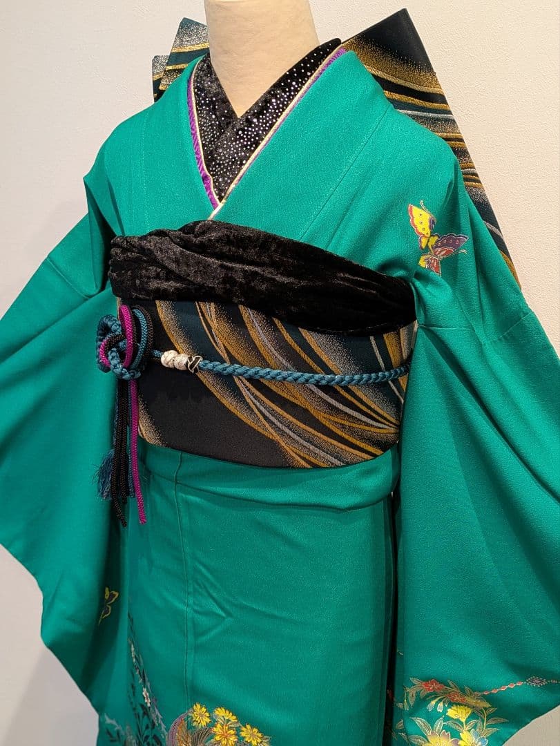 振袖フルセット 身丈164裄70 豪華振袖 金銀彩 緑 黒 更紗 逸品 成人