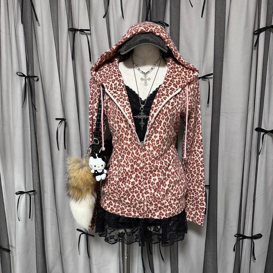 平成ギャル y2k 豹柄 レオパード ヒョウ柄 フード付きパーカー