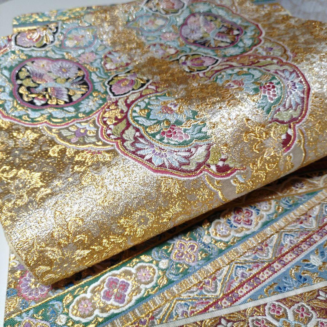 袋帯 横段吉鳥文 プラチナ箔 正絹 全通