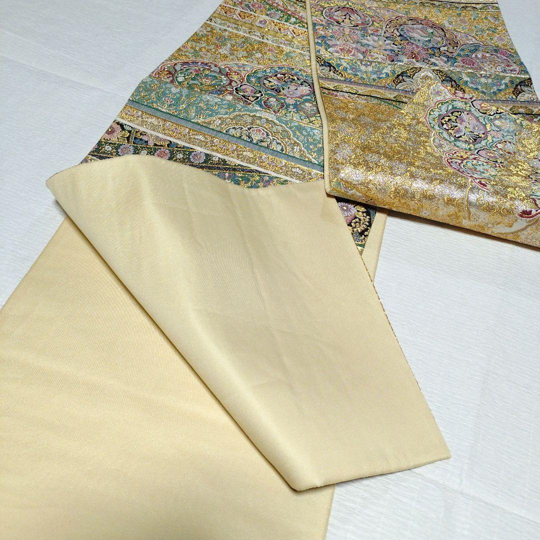 袋帯 横段吉鳥文 プラチナ箔 正絹 全通