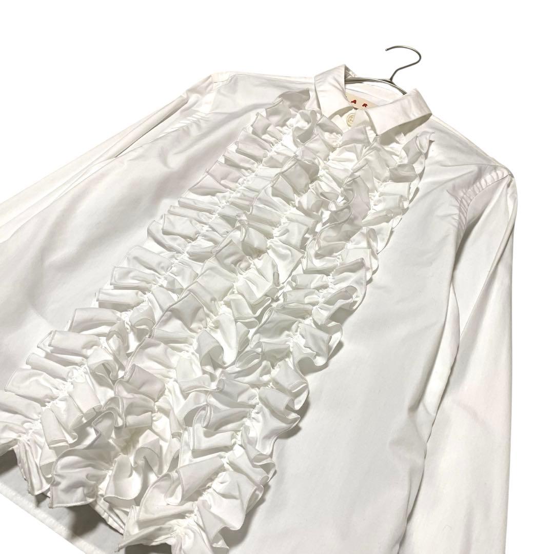 MARNI フリルブラウス シャツ ロゴ刺繍【38】2WAYカラー