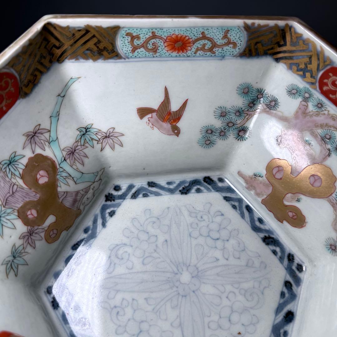 江戸後期〜明治時代 色絵松竹梅鳥賢人図六角鉢 共箱 古美術