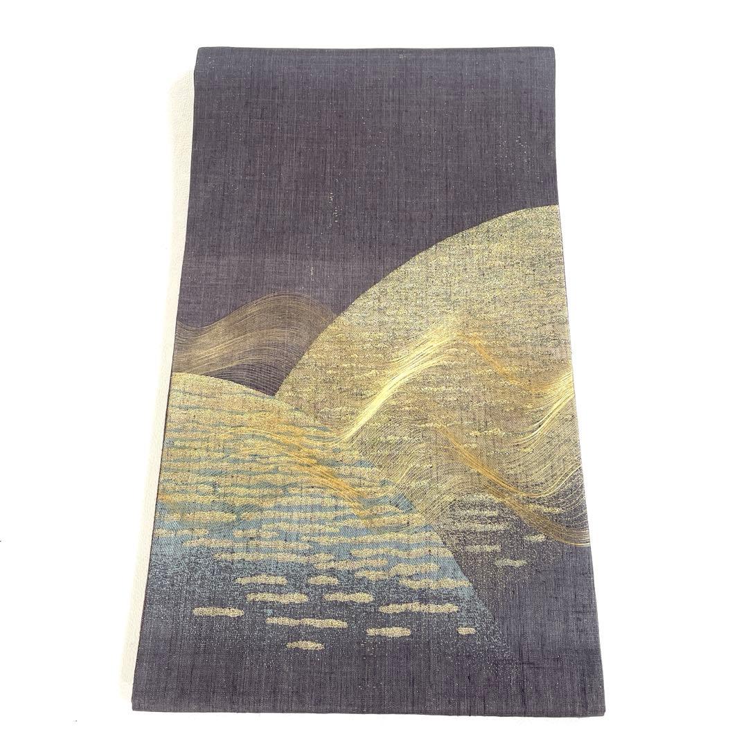 専用帯6200 ●染織の名門 しょうざん謹製 生紬 名古屋帯 九寸 京都 しょうざん 生紬 正絹 手染め 絞り グレー × 百入