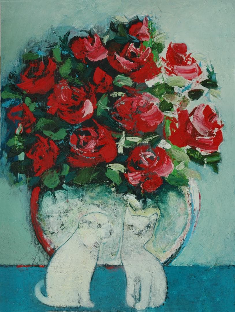 油絵 菅家令子 絵 絵画 インテリア uF6-070619 可愛い子猫と子犬