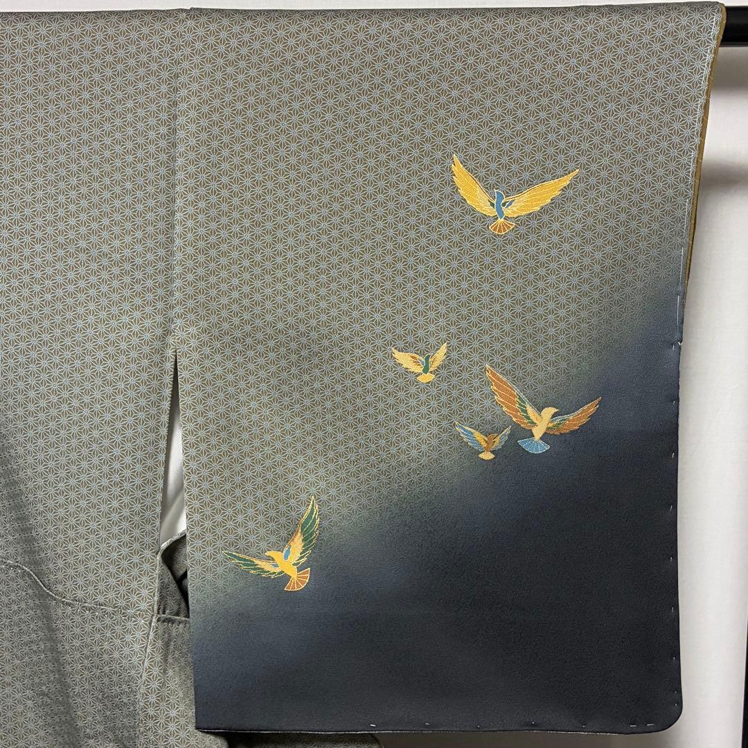 D321 訪問着 斉藤三才 三才鳥 麻の葉 正絹 着物 袷 しつけ糸未使用極美