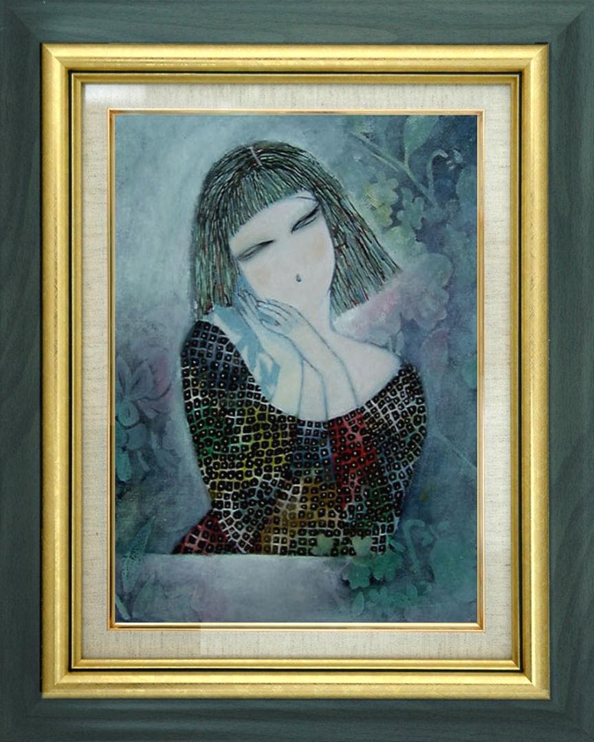 油絵 菅家令子 絵 絵画インテリア額付(青緑＋金色の枠) F6-72023 女性 油絵 菅家令子 絵 絵画インテリア額付(青緑＋金色の枠) F4-071012女性