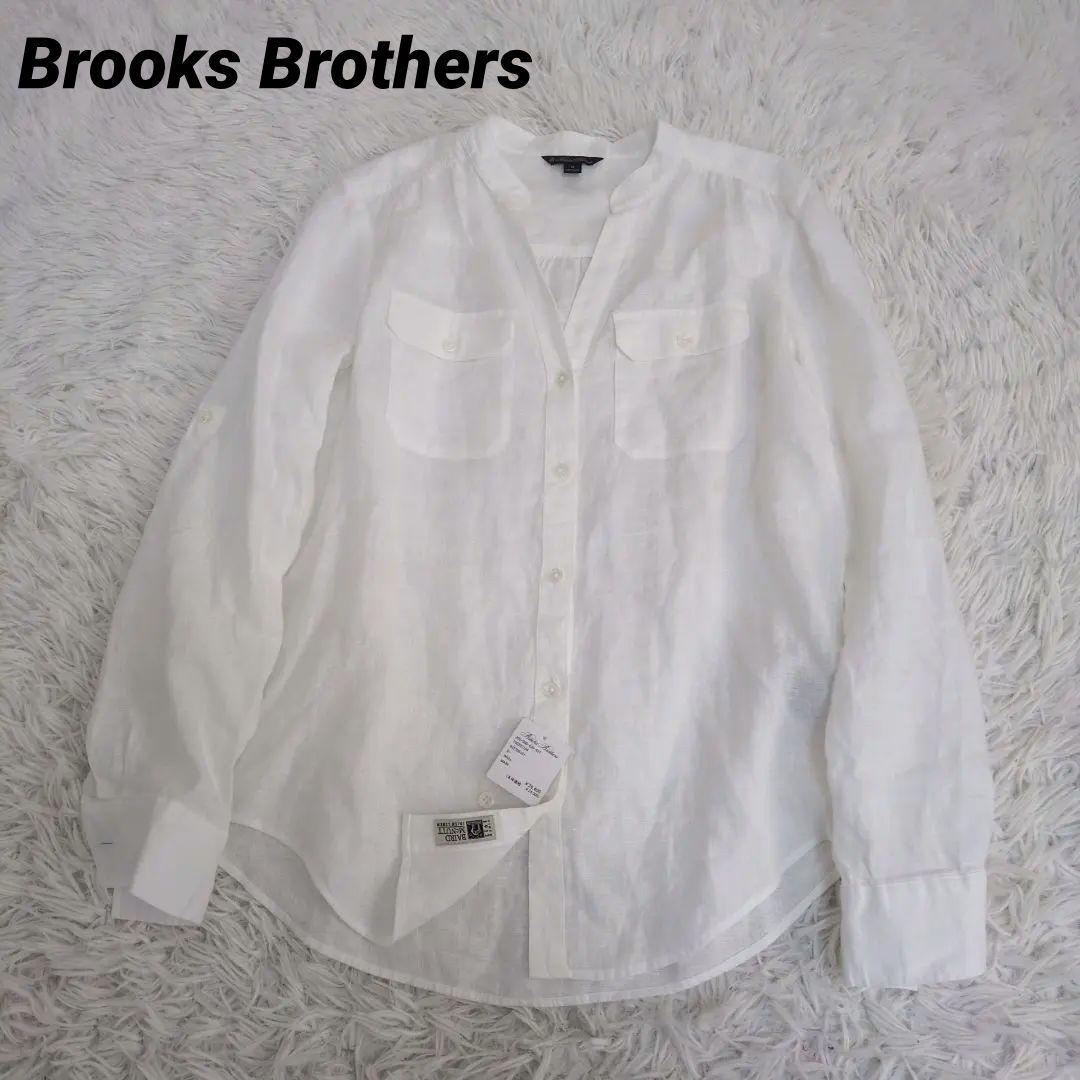 【新品未使用】ブルックスブラザーズ リネン100% スタンドカラーシャツ 白 Brooks Brothers ブルックスブラザーズ 無地 リネンシャツ ボタン
