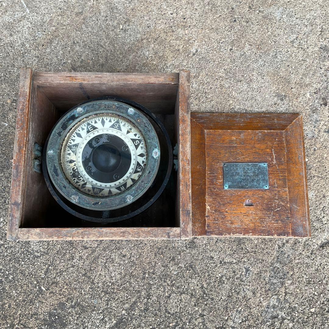 船舶用羅針盤 磁気コンパス アンティーク ビンテージ 希少 木枠付き
