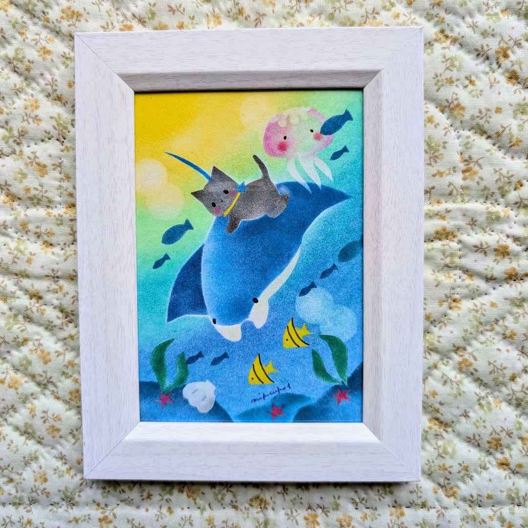 L判サイズフレーム付き原画 パステル画 マンタ ねこ - メルカリ