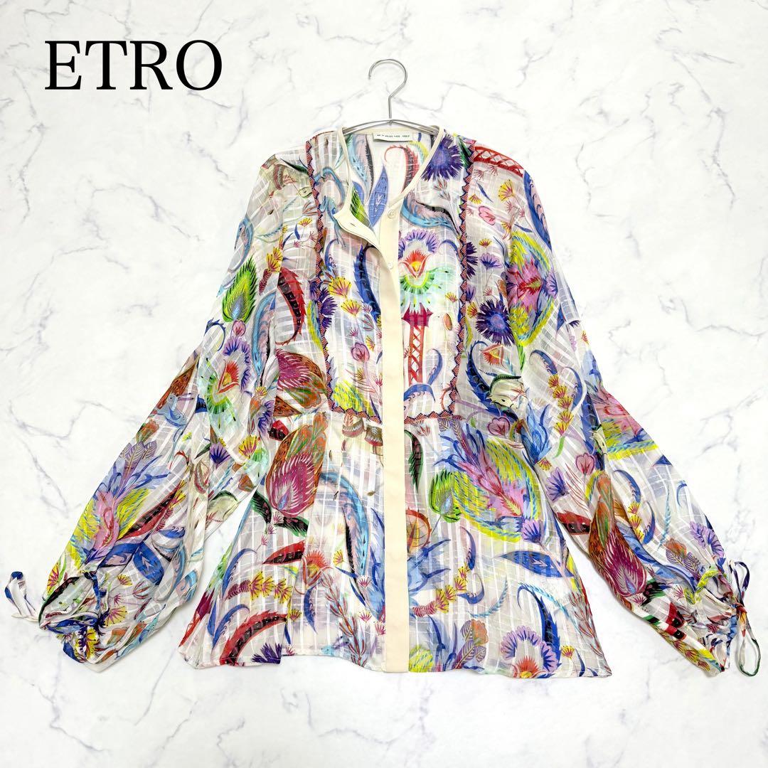 未使用級✨エトロ✨シルク　ボタニカル柄シアーブラウス（M）ビーズ　馬　お袖リボン 未使用級✨エトロ✨シルク ボタニカル柄シアーブラウス（M）ビーズ 馬