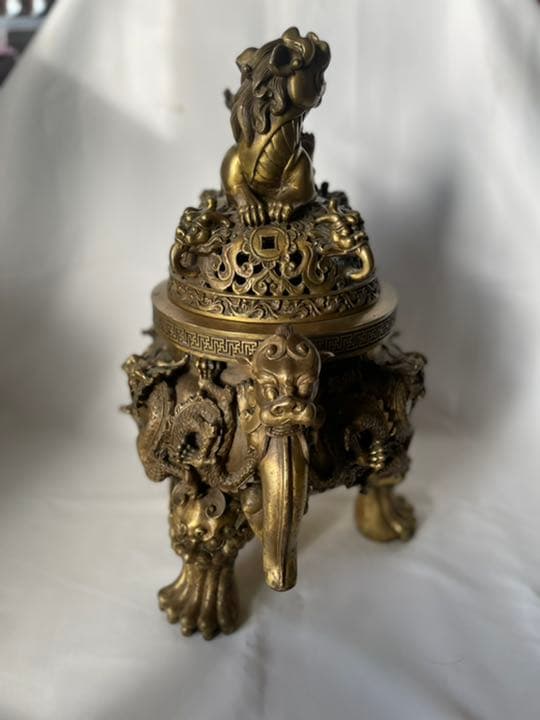 真鍮製 超特大 香炉 高級黄銅製香炉 銘有り 獅子 龍 縁起物 14.70Kg