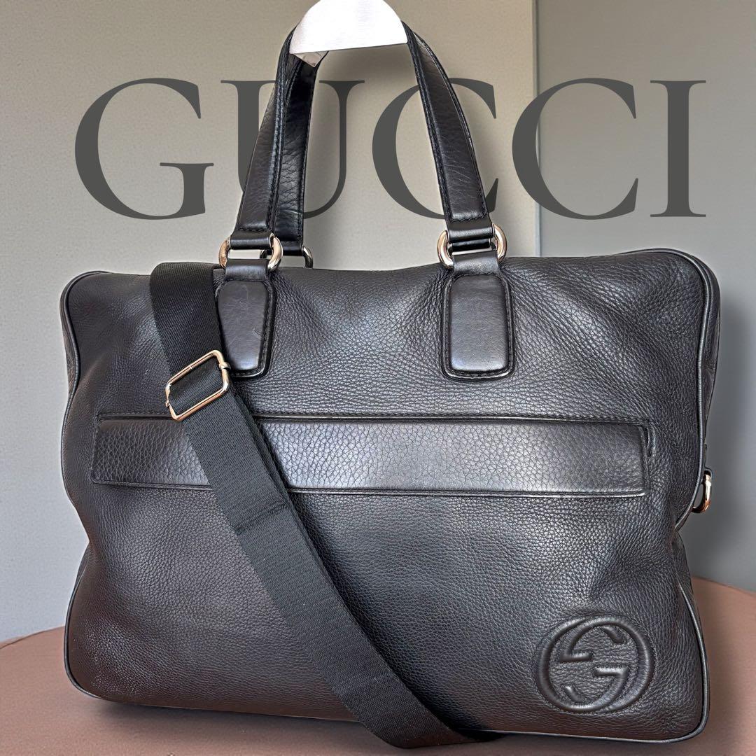 グッチ GUCCI ソーホー シボ革 本革2WAYビジネス 黒A4可 メンズ良品