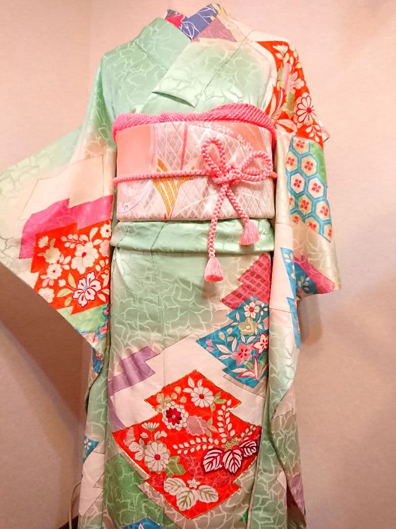 個性派振袖コーデセット振袖セットセミアンティーク振袖袋帯セット大正ロマン刺繍 振袖と帯セット（黒と朱の縞大正ロマン） - アンティーク着物