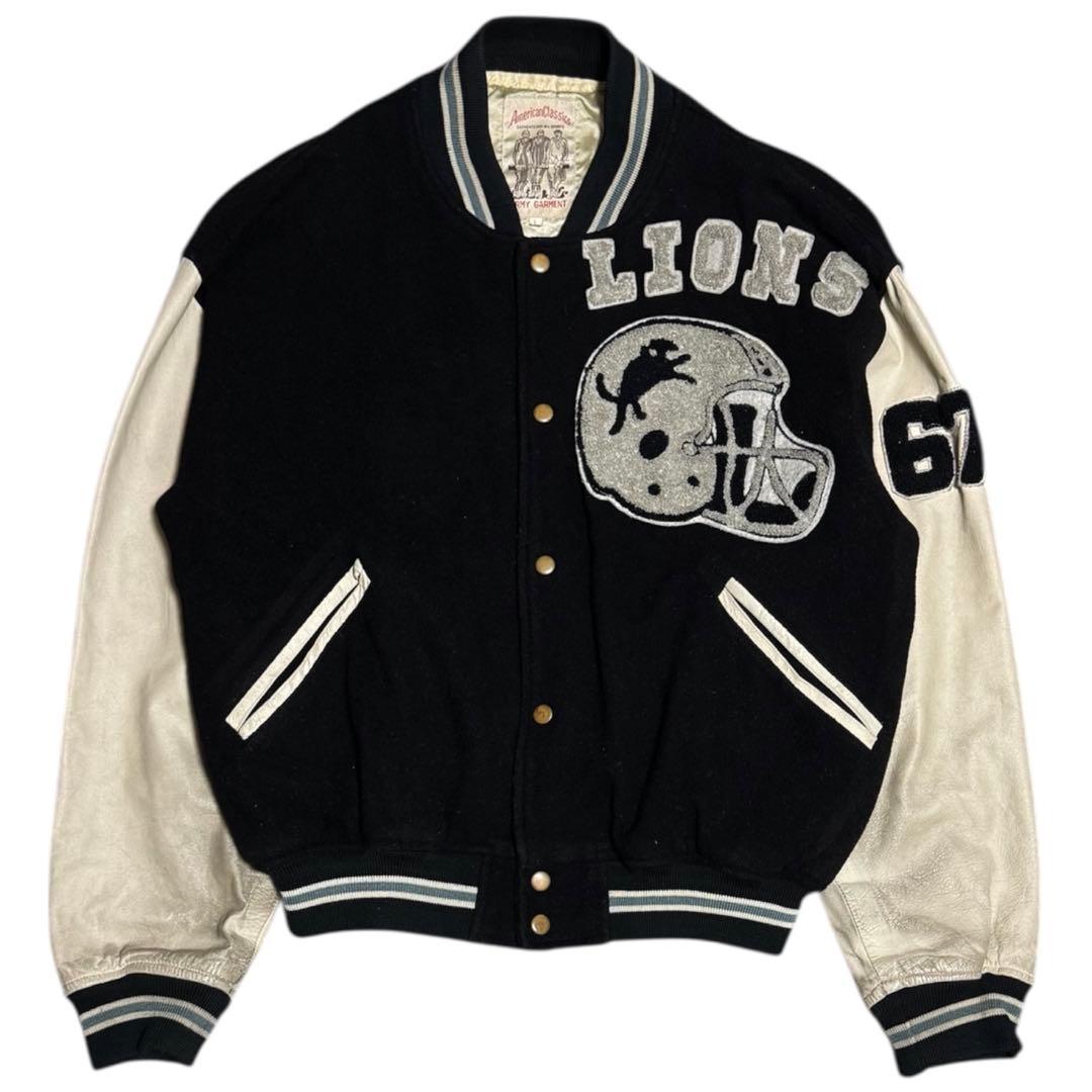 デトロイトライオンズ バックロゴ 袖革 スタジャン リブライン Lサイズ 黒