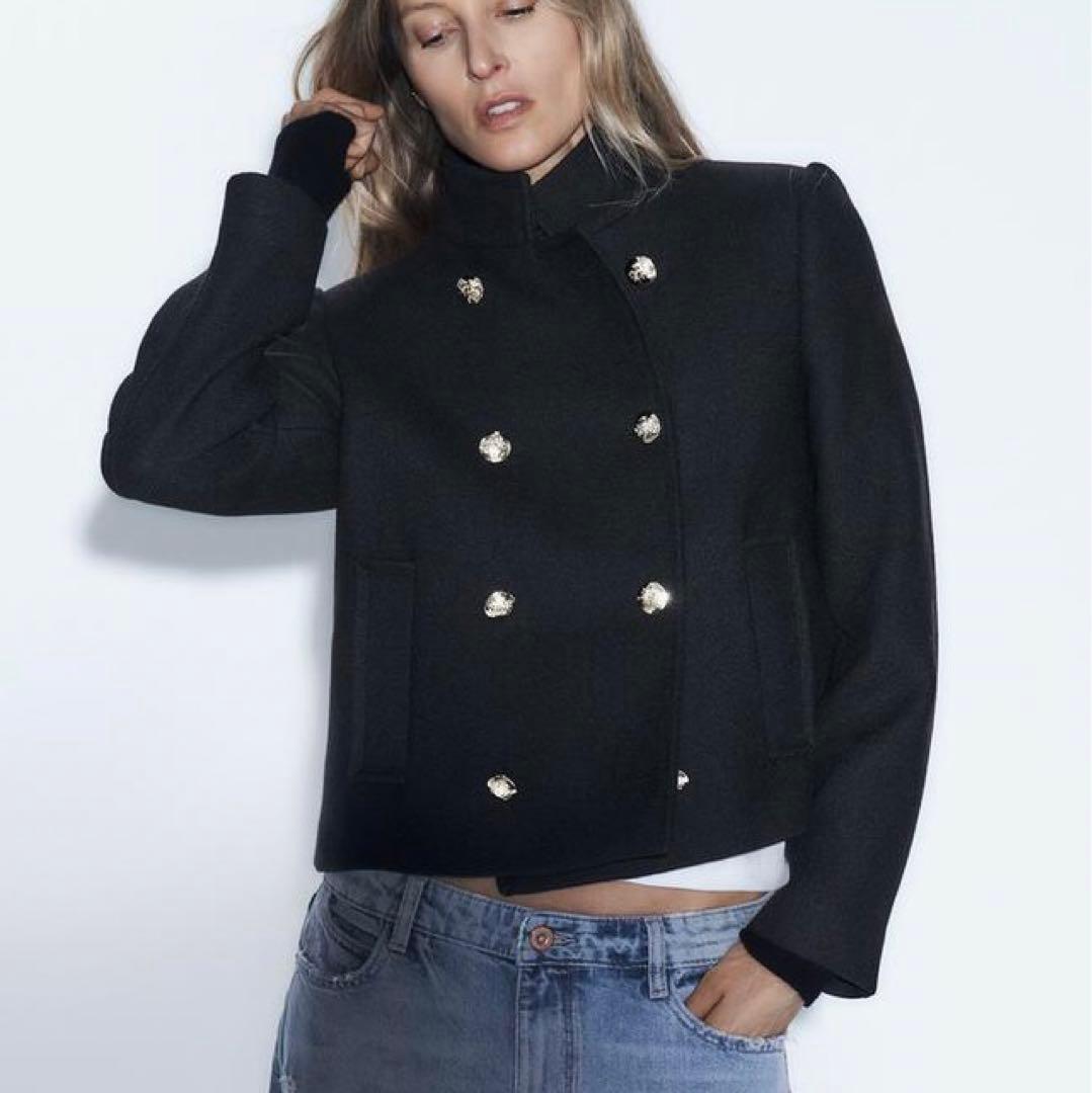 ZARA ハイネック ショート ダブルブレスト コート M ブラック - メルカリ