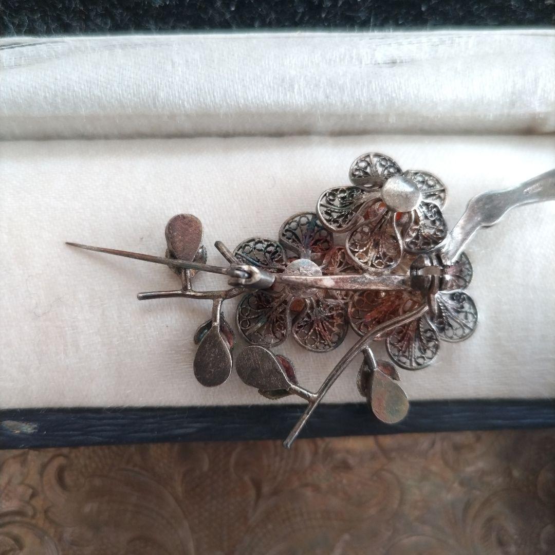 梅 銀線細工 ブローチ SILVER ヴィンテージ フィリグリー 中国古玩