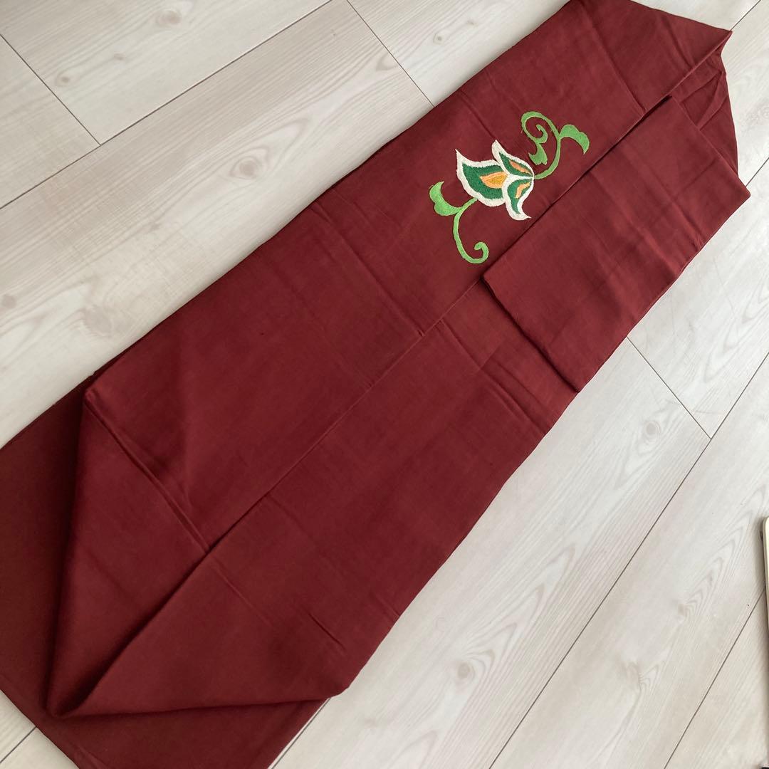 アンティーク名古屋帯　刺繍の花唐草　チョコレートブラウン　正絹　No.6-28