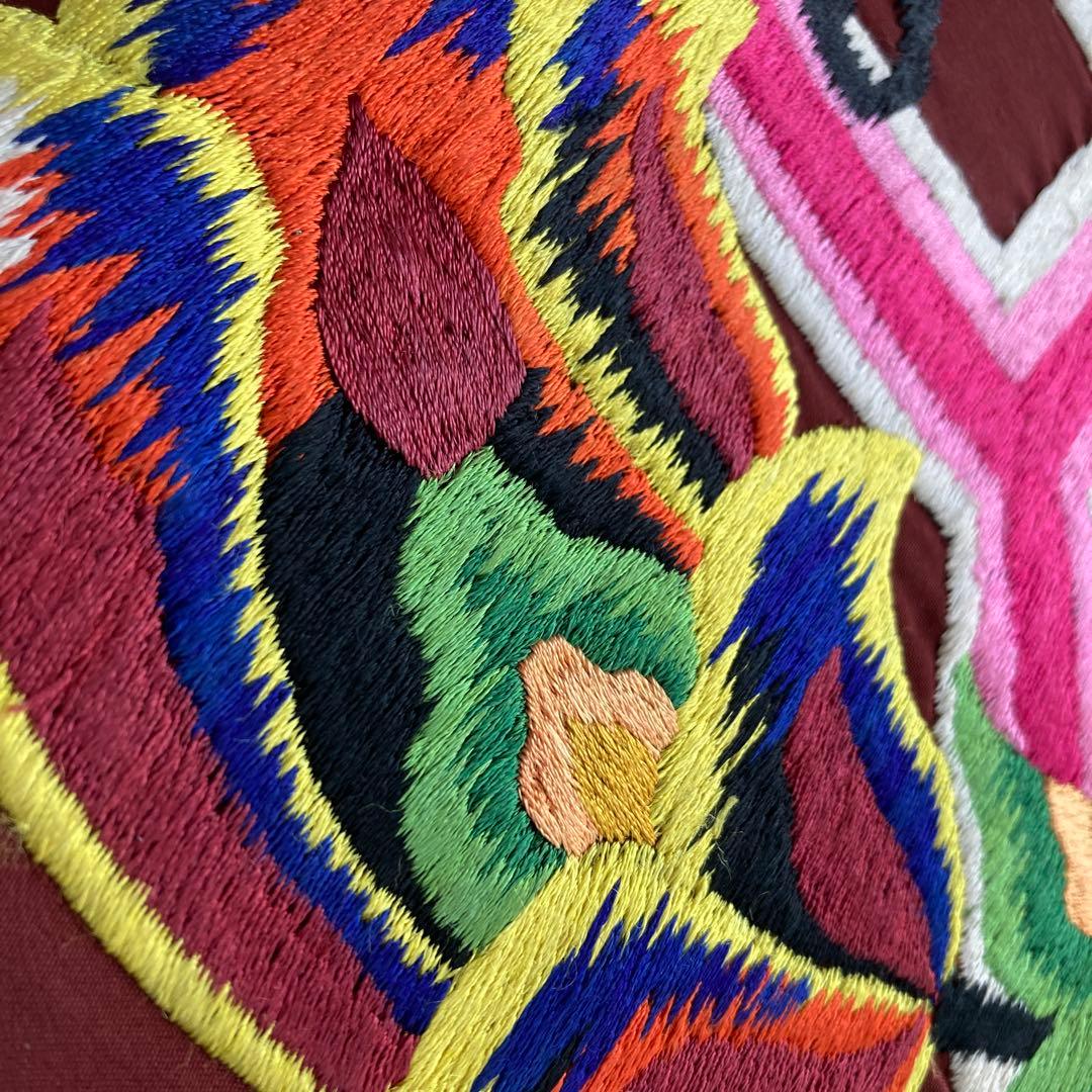 アンティーク名古屋帯　刺繍の花唐草　チョコレートブラウン　正絹　No.6-28