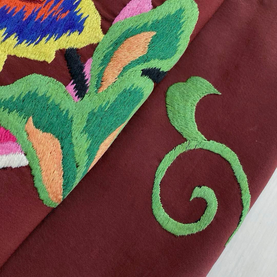 アンティーク名古屋帯　刺繍の花唐草　チョコレートブラウン　正絹　No.6-28