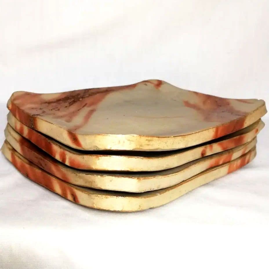 岡山県重要無形文化財 森陶岳 備前焼 銘々皿4枚 陶印あり 緋襷 長方皿