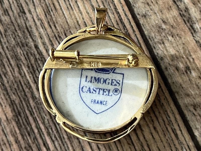 フランス製 リモージュ 七宝焼 K18 枠 ペンダント 兼 ブローチ 9.8g