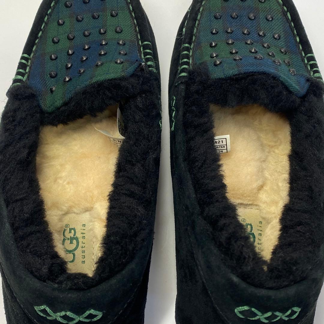 UGG 24.0cm スエード モカシン ブラック グリーン　ボア　スタッズ
