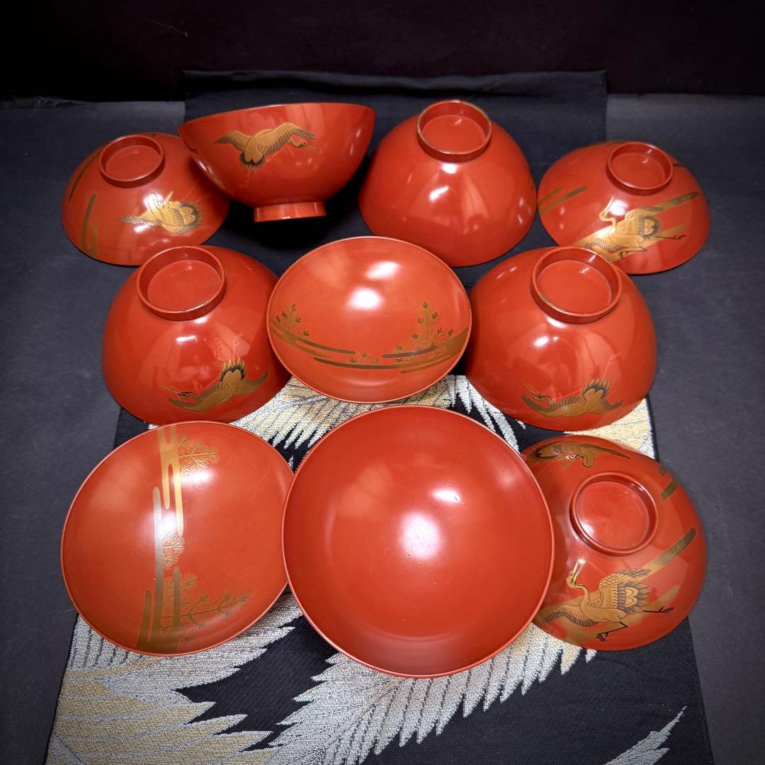 漆器 輪島塗 金蒔絵松鶴文 木製 蓋付椀 お煮物椀 吸物椀 5客 骨董品