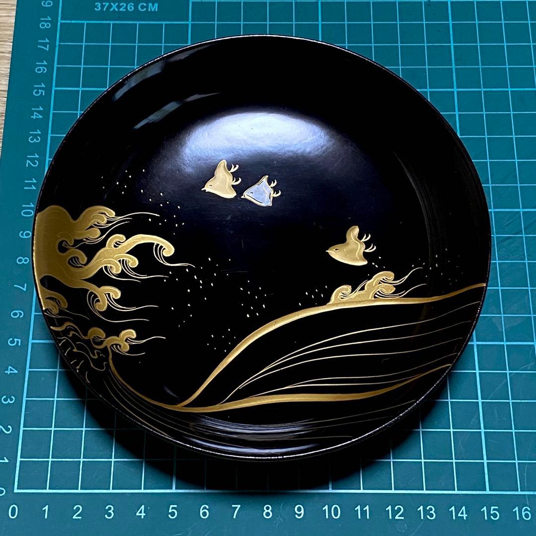 ◇時代 輪島塗 波千鳥 蒔絵 螺鈿細工 16cm皿 五客 銘々皿 菓子器 螺鈿