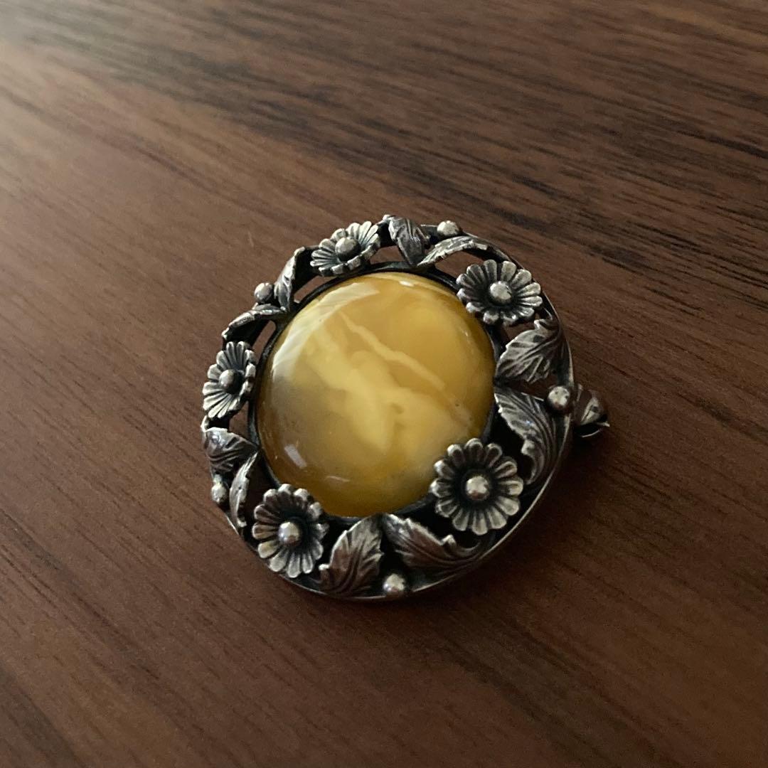 希少＊ヴィンテージ＊N.E.FROM 琥珀　ブローチ　デイジー　シルバー　北欧