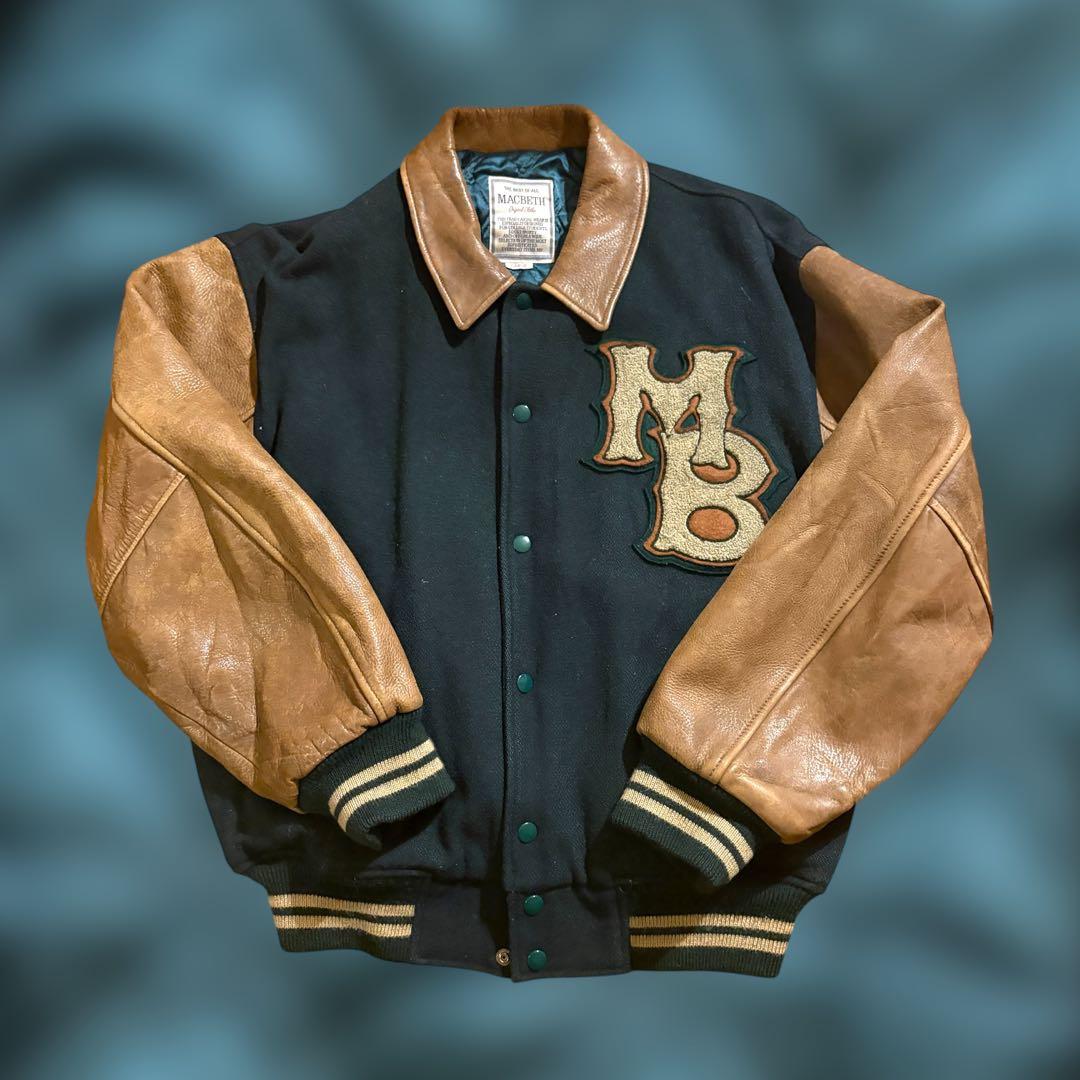 90s MACBETH ベースボールスタジャン レザー切替 ワッペン刺繍 L